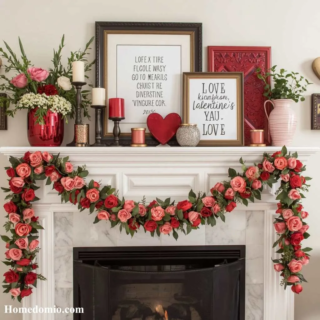 8 🏡 Valentine's Day Mantel Decoration With Florals and Hearts