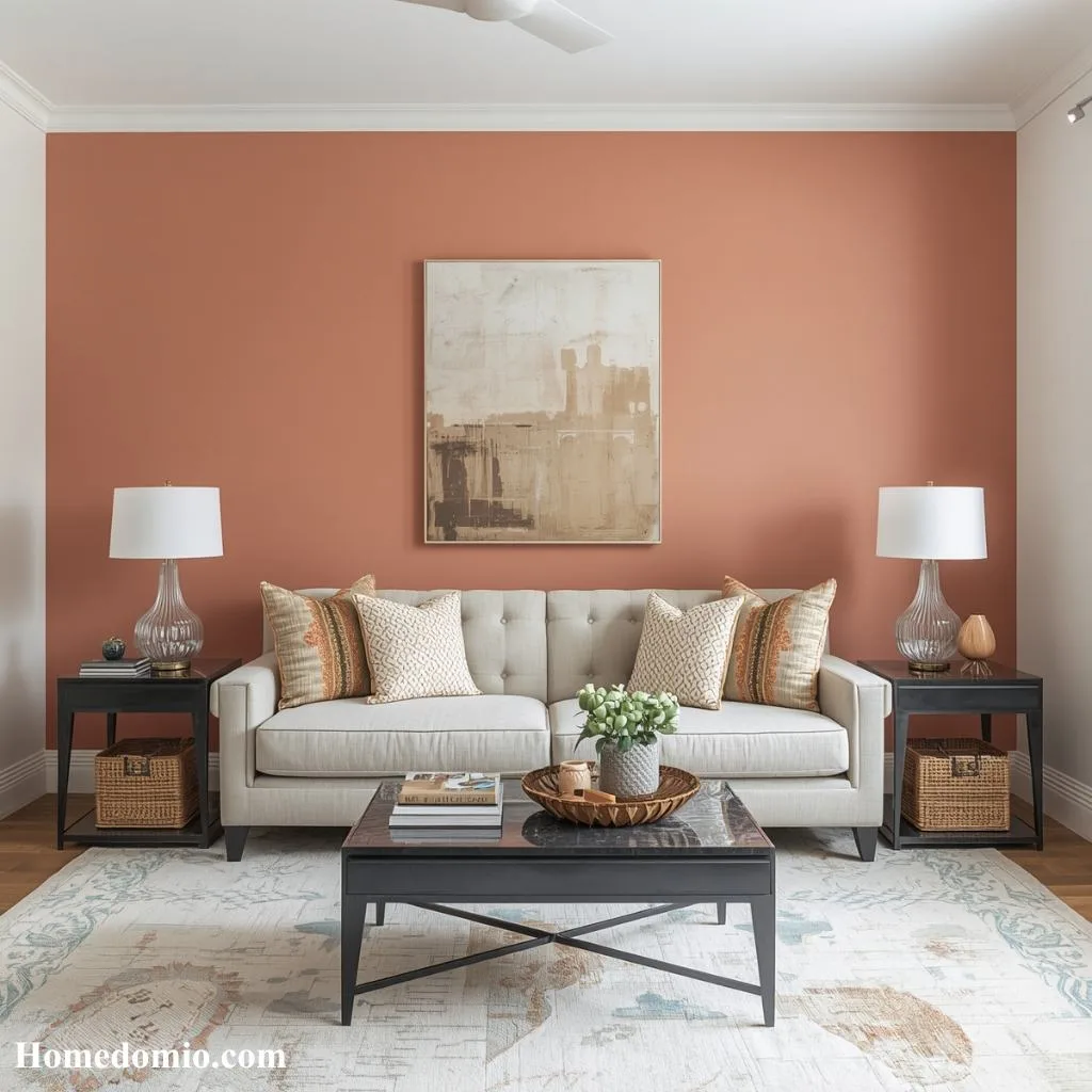 12+ Peach Paint Color Ideas for Every Room at Home 4 Warm Peach Accent Wall in a Neutral Space