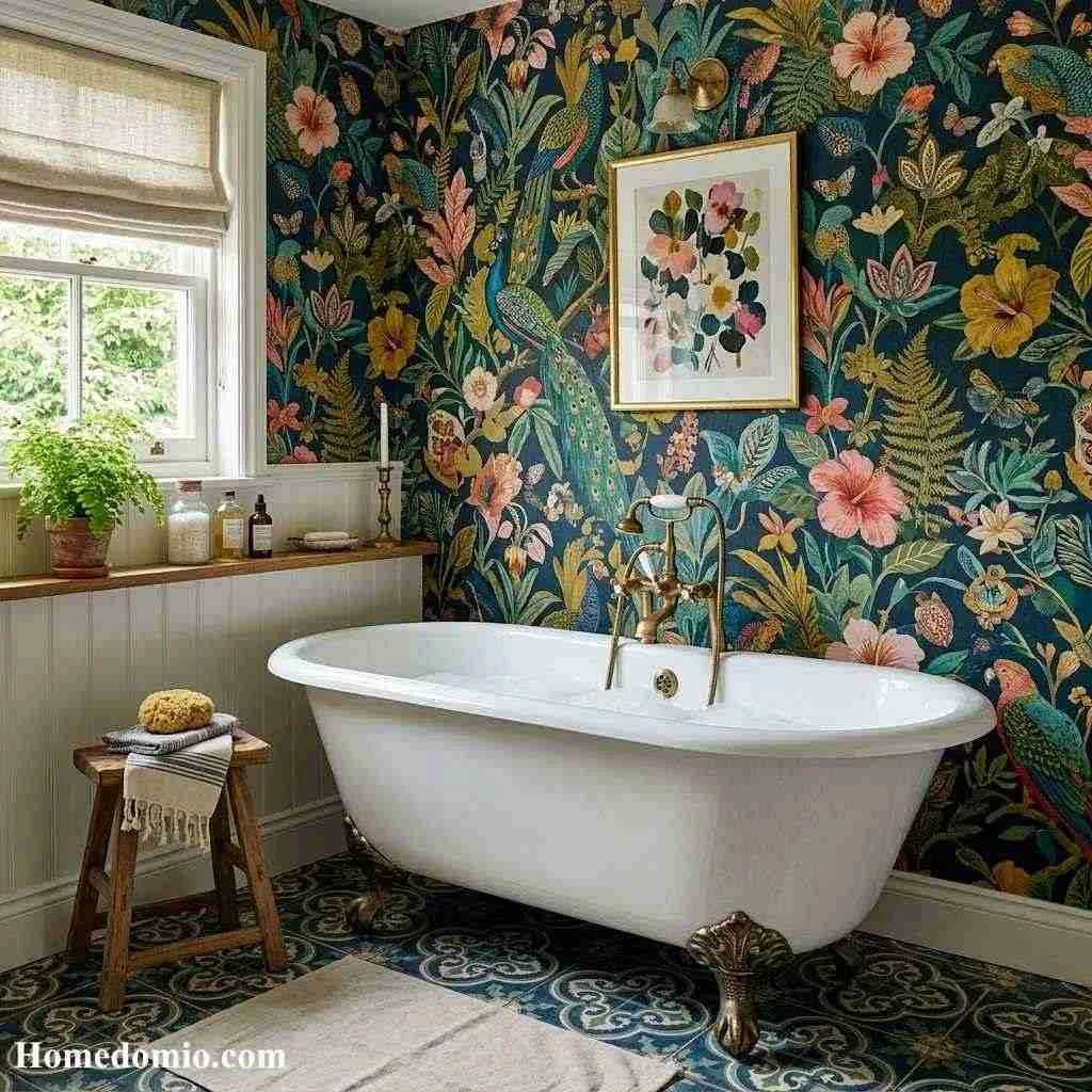  Freestanding Clawfoot Tub with Bold Wallpaper