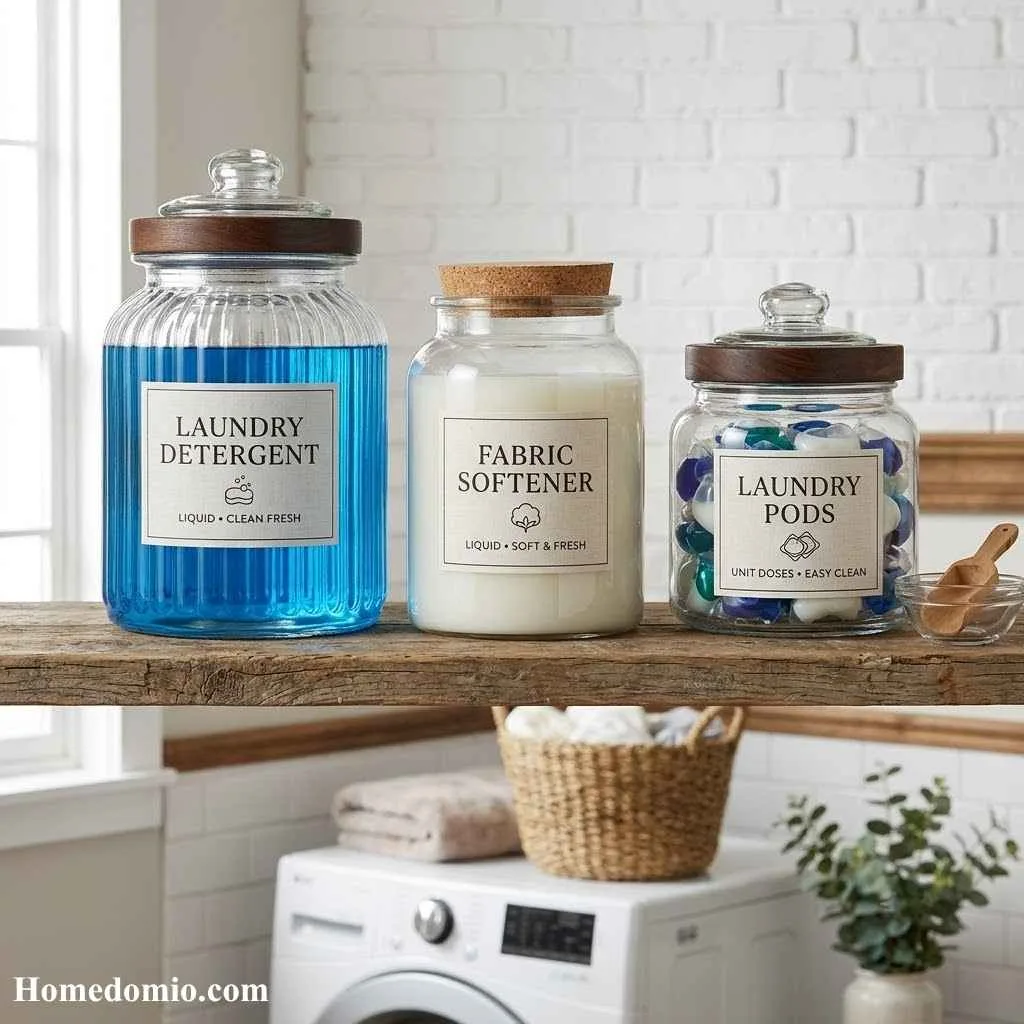 16 Chic Laundry Room Ideas For A Stylish Upgrade 11 Labeled Glass Jars for Supplies