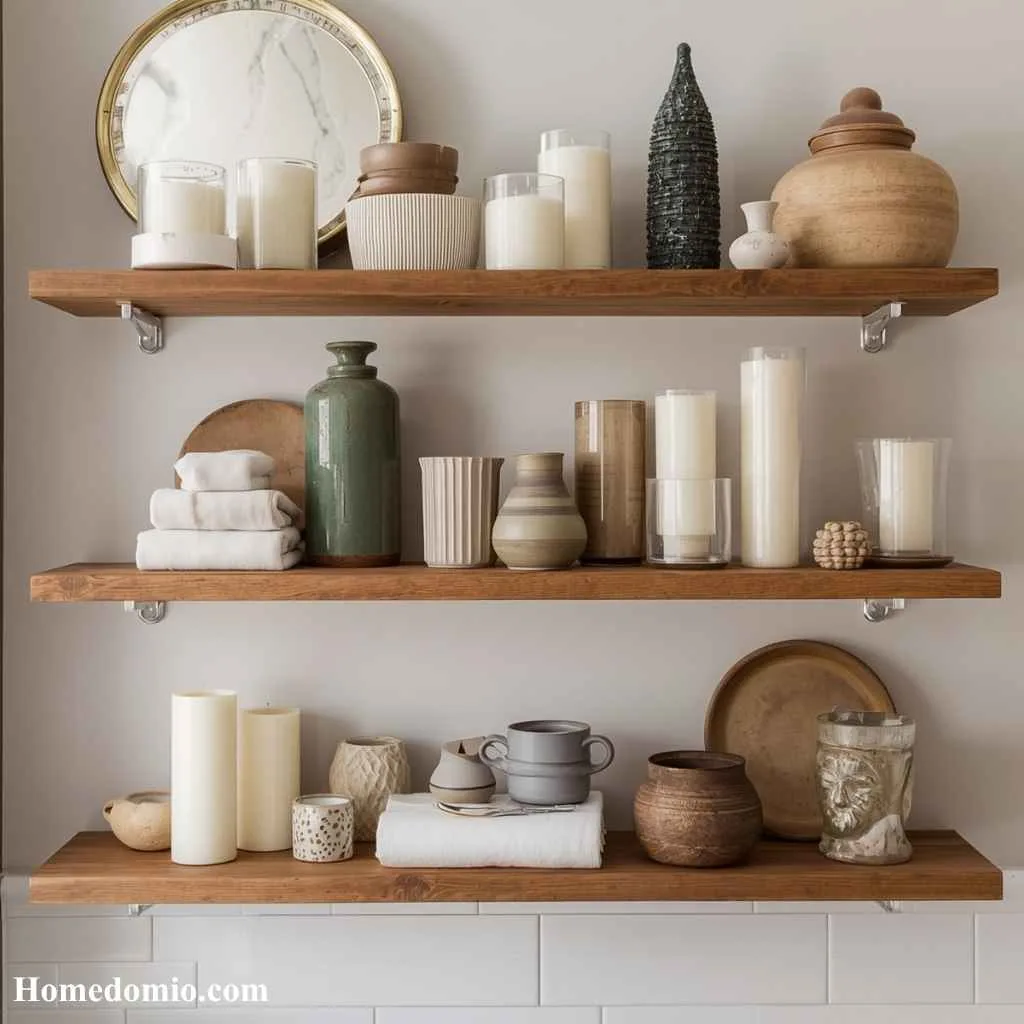Layer Candles and Vintage Trinkets on Open Shelving
