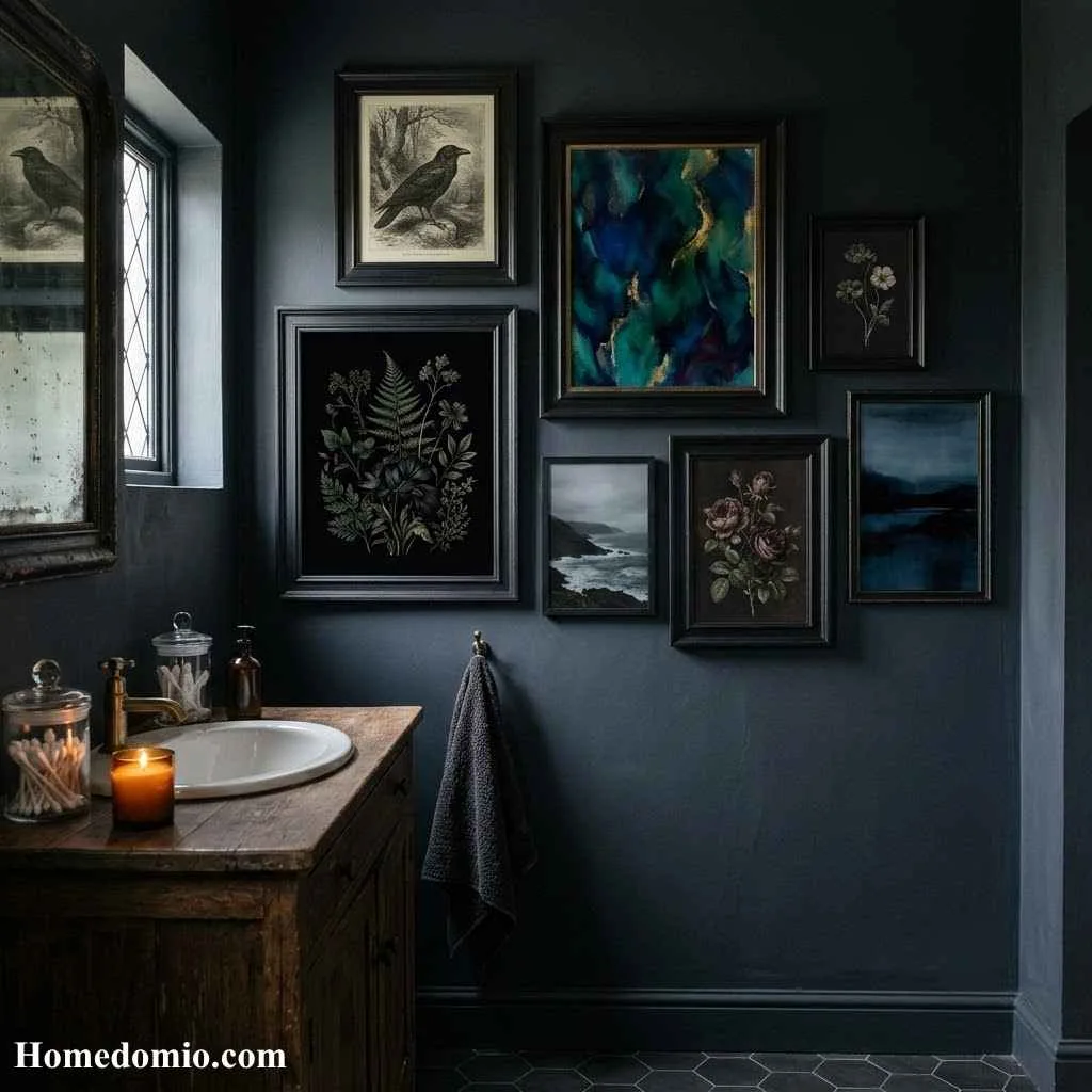 Moody Artwork and Dark Framed Prints on the Walls