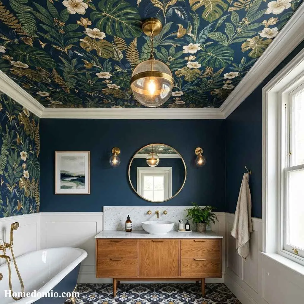 Bathroom Ceiling Ideas That Transform Any Bathroom 12 Wallpapered Ceiling for a Bold and Unexpected Pattern
