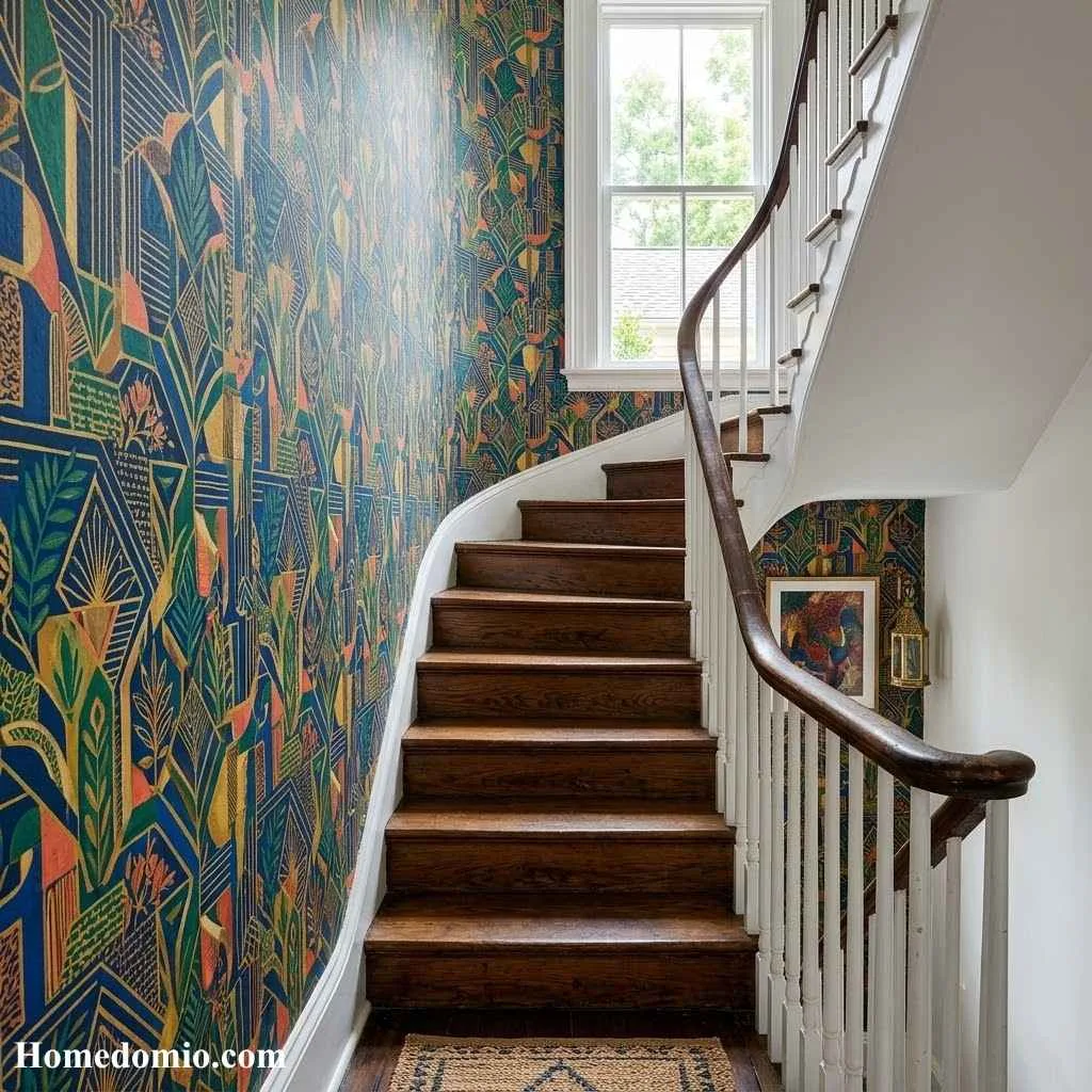 Stairs Between Two Walls: 14 Creative Ideas To Try 10 Add a Bold Wallpaper Pattern
