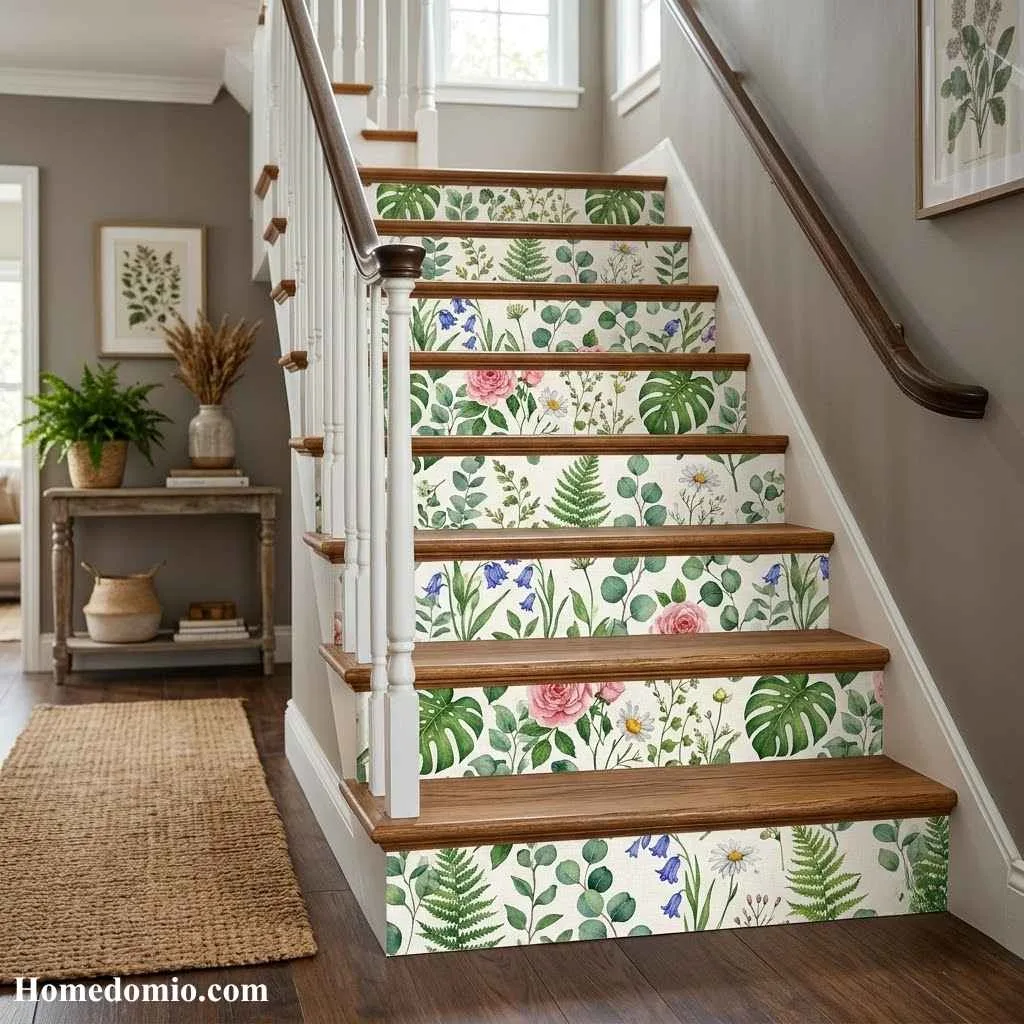 Stair Riser Ideas to Transform Your Staircase 3 Botanical Wallpaper Risers