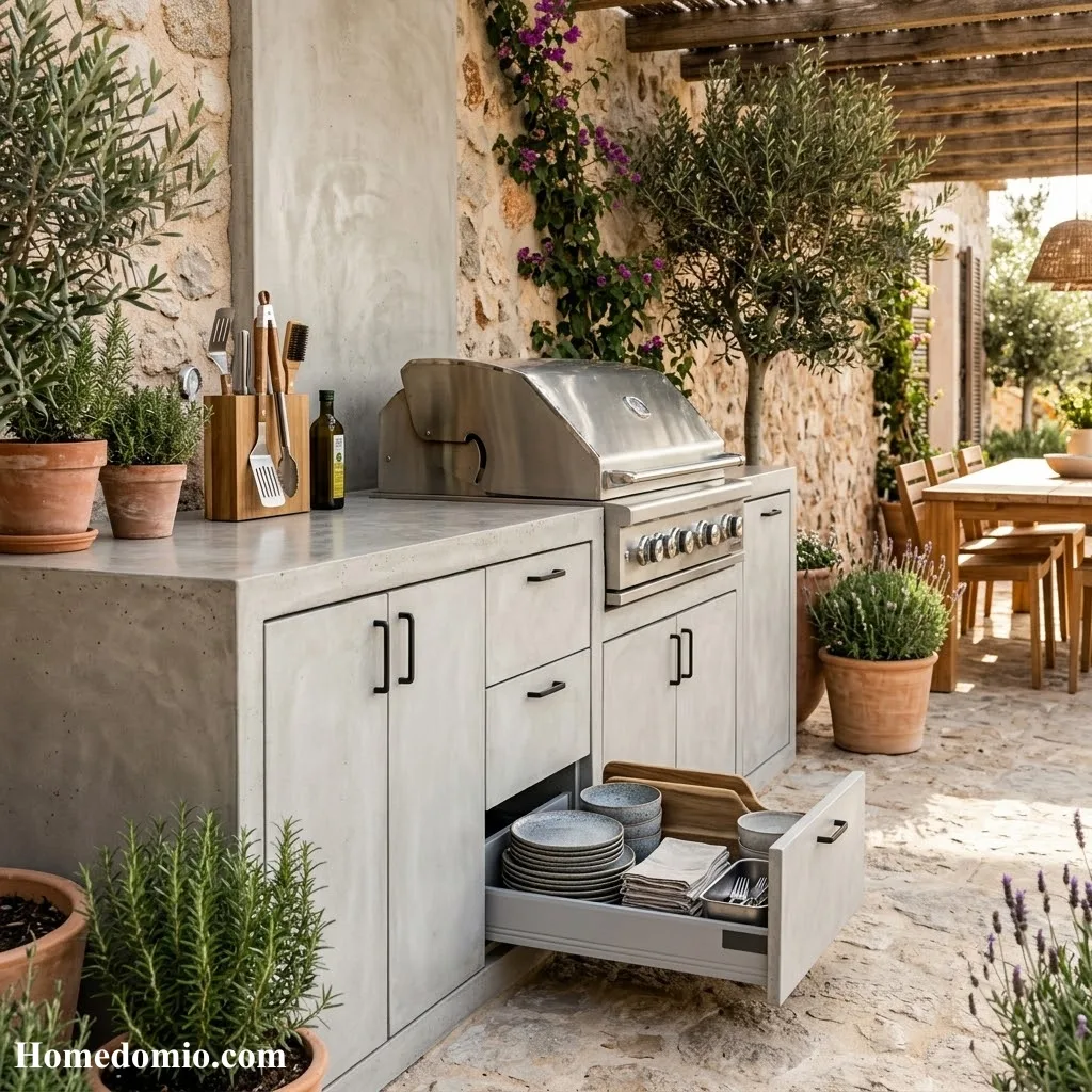 Concrete Outdoor Kitchen Ideas for Your Backyard 9 Built In Storage Cabinets
