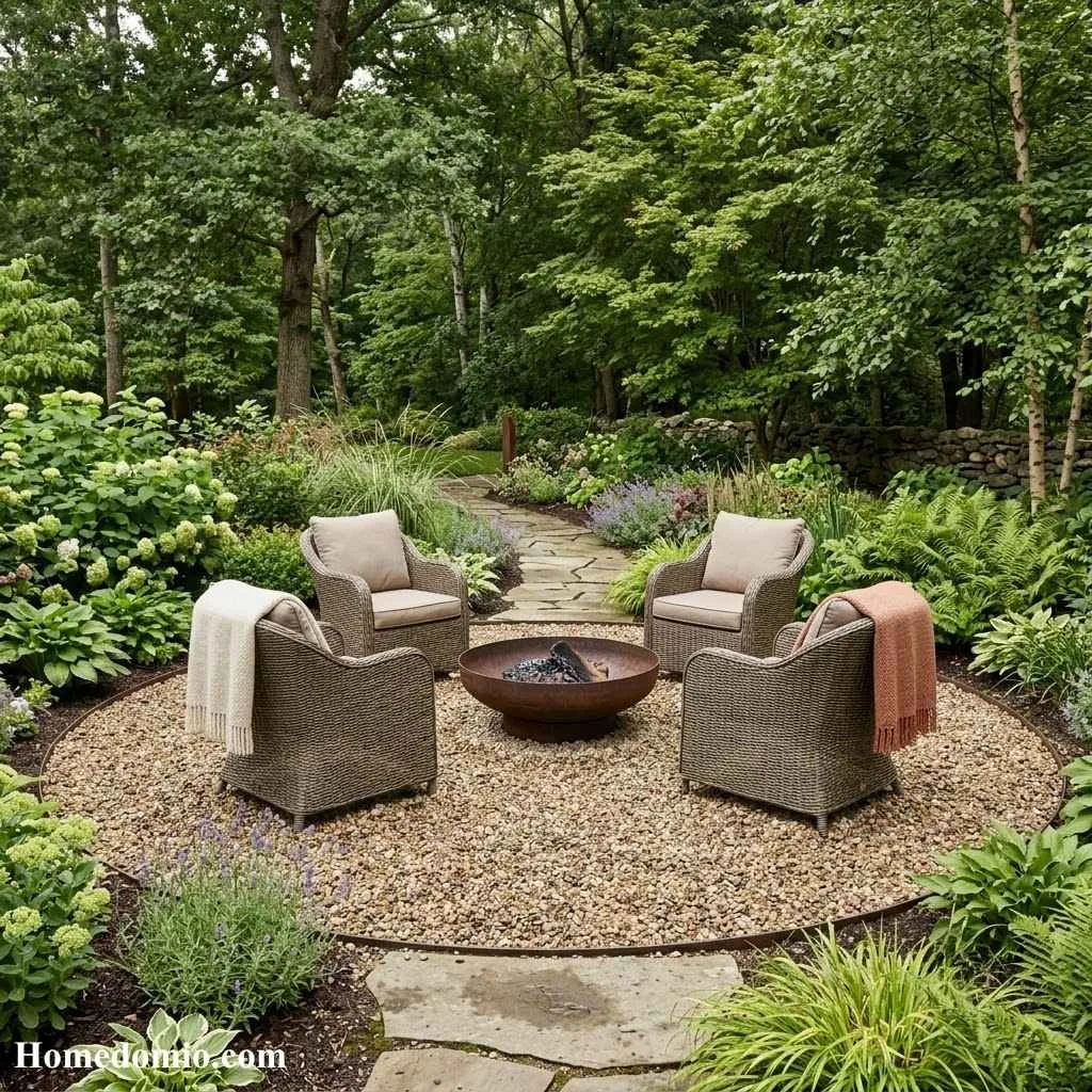 14 Modern Fire Pit Area Ideas For Cozy Evenings Outside 3 Circular Gravel Patio With Woven Furniture
