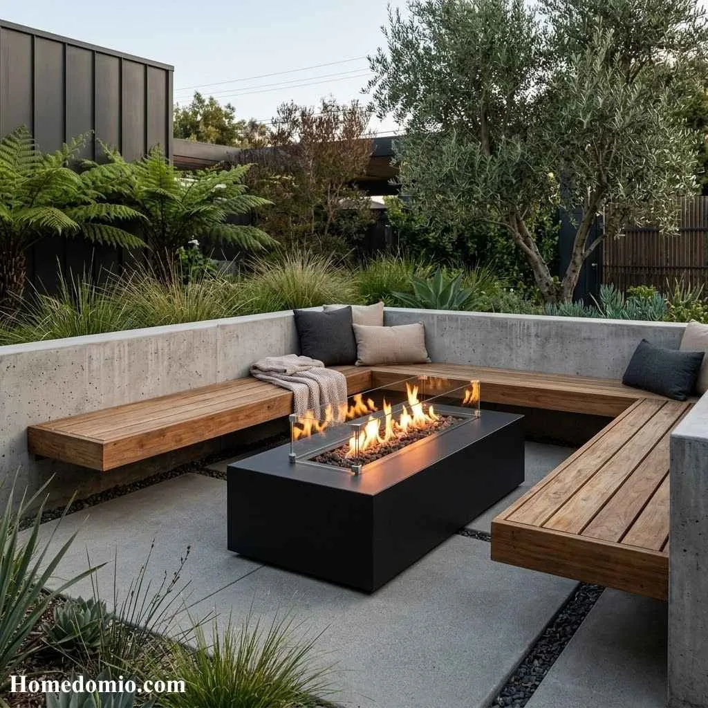 14 Modern Fire Pit Area Ideas For Cozy Evenings Outside 4 Matte Black Fire Table With Floating Bench Seating