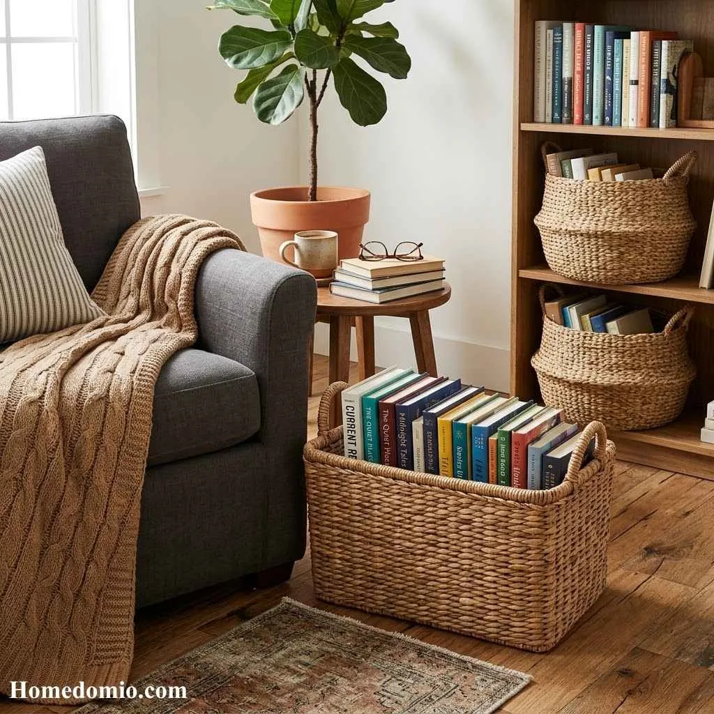 14 Affordable Ways To Style A Book Nook On A Budget 9 Use Baskets For Book Storage