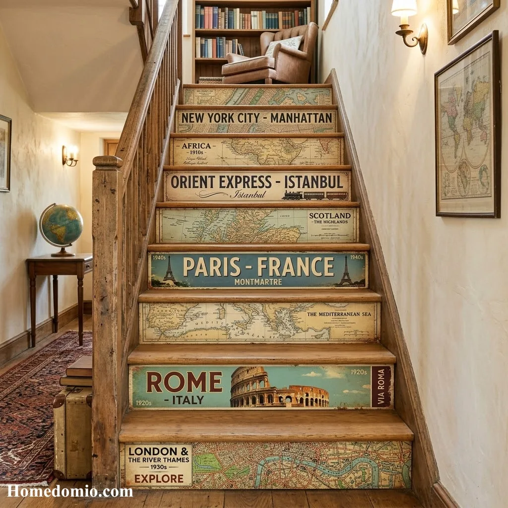 Stair Riser Ideas to Transform Your Staircase 12 Vintage Map Risers